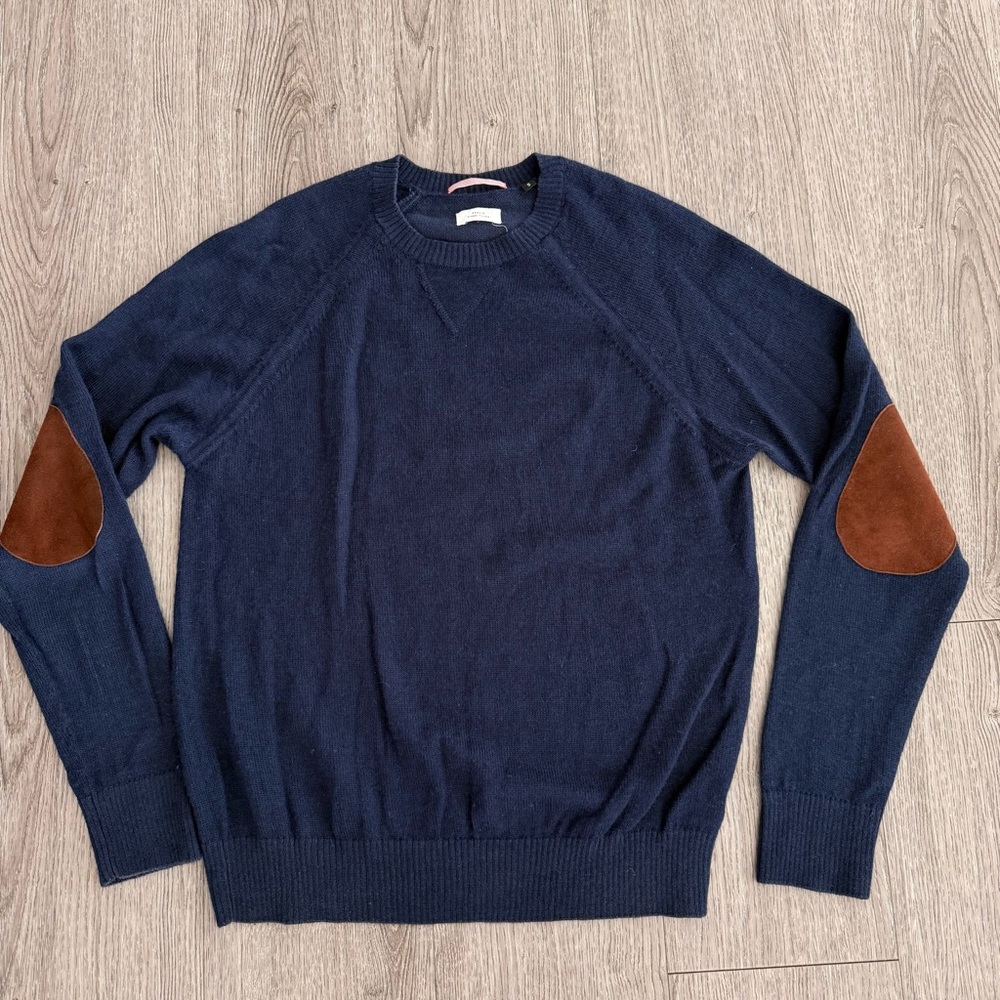 Apolis Global Citizen Mens Sweater Blue Alpaca Wool Blend  Elbow Patches size S